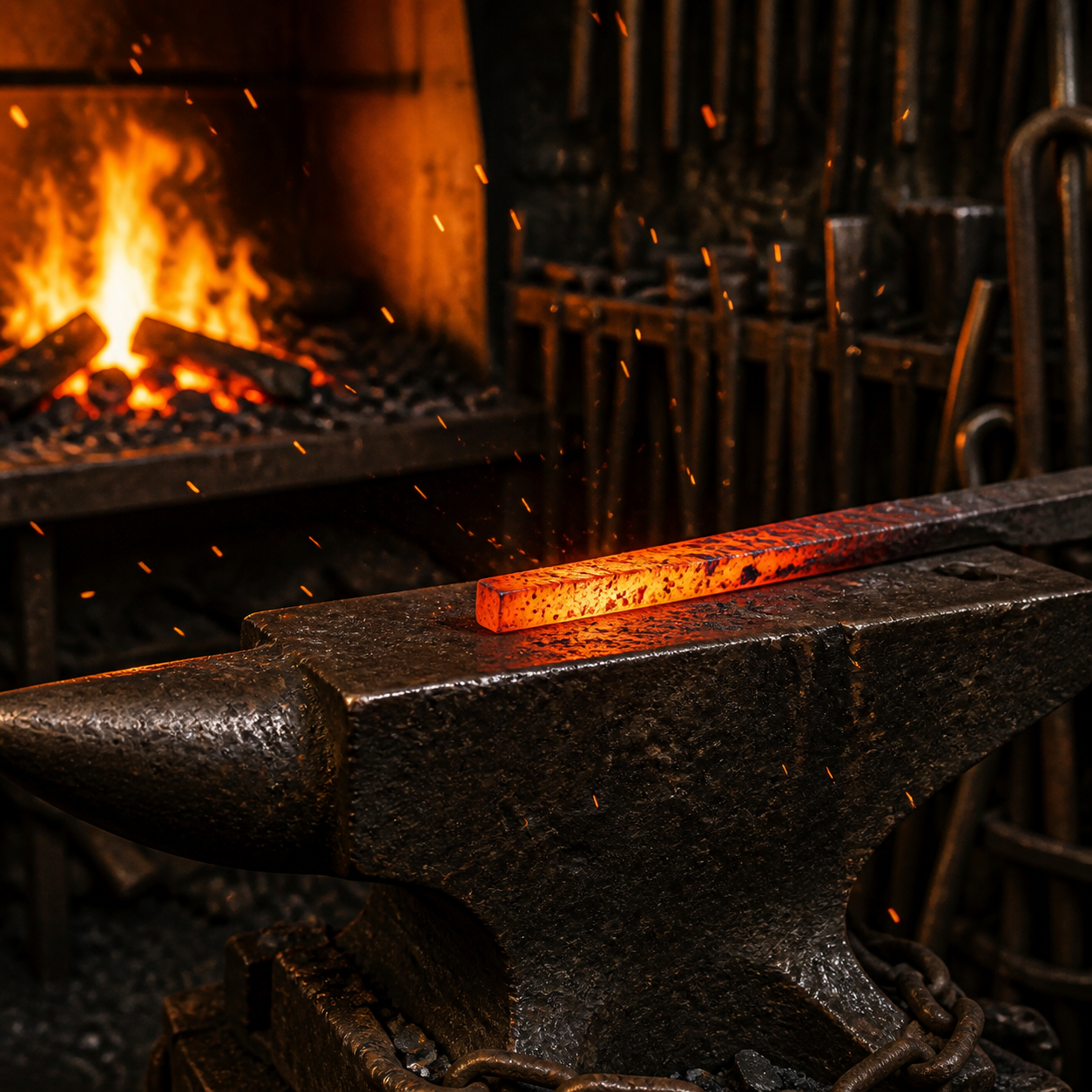 Ferro incandescente su incudine in fucina